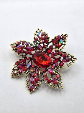 Vintage Gold-Tone Flower Brooch With Red & Iridescent Rhinestones Starburst Desi